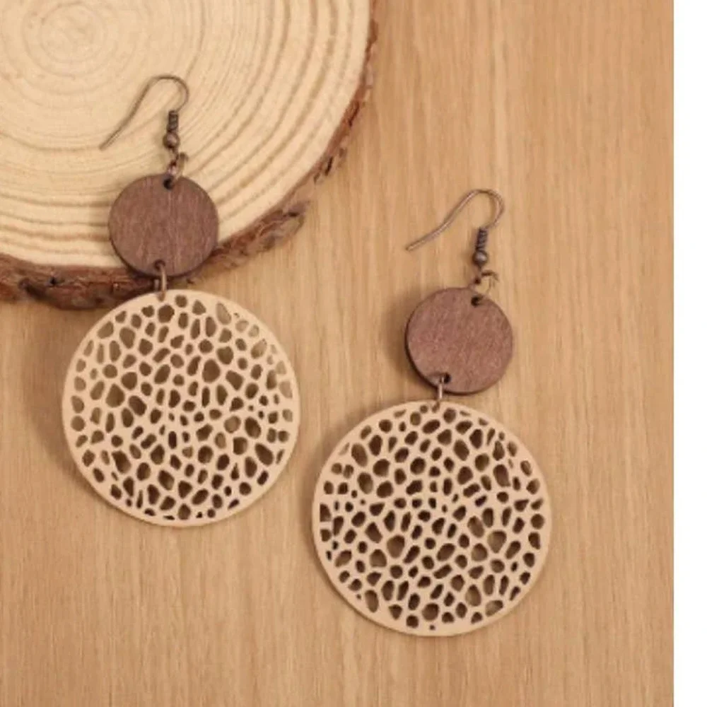 Round Khaki Drop Earrings Bohemian Vintage Wooden Leather‎ Earrings